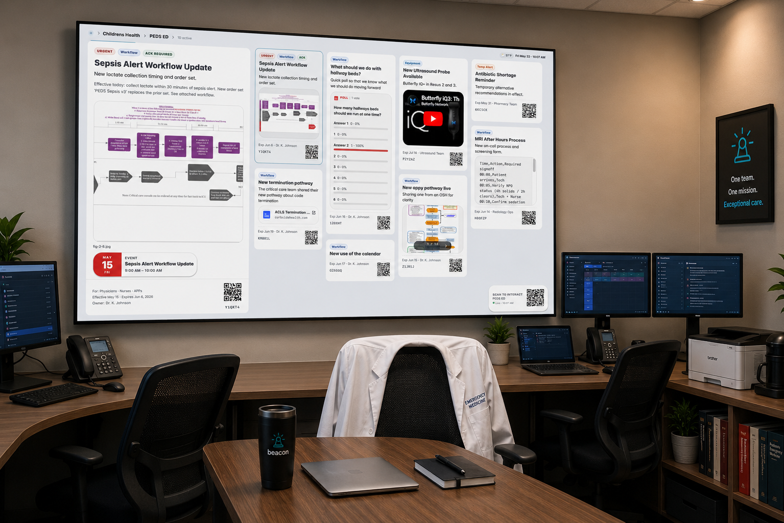 A clean clinical workroom with the Relay Ops Board on a mounted wall display — paper protocols replaced by a single always-current screen.