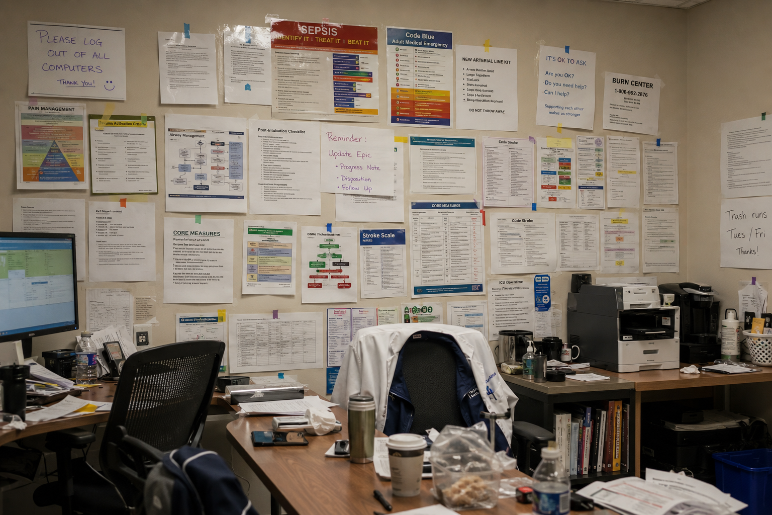 A clinical workroom wall covered in taped paper protocols, sticky notes, and printouts — the everyday paper-on-walls problem Relay replaces.